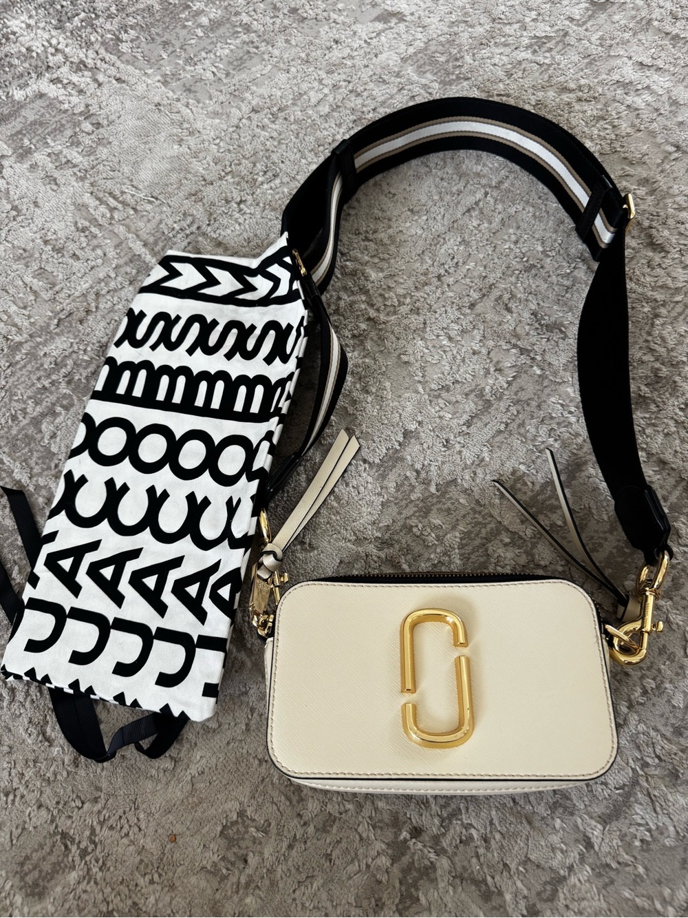 Marc Jacobs Cream Camera Crossbody with Black Strap and Gold Hardware